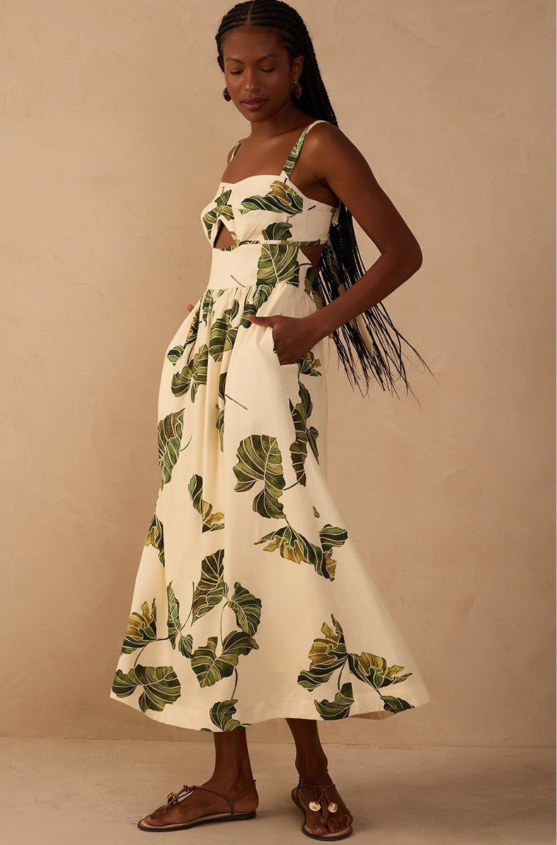 artisanal brown dress Leaf Print Midi White Multi / XS The Caravana Womes Embroidered Sizes:US 22 CUSTOM Hand Embroidered First Bridal Dresses 2022