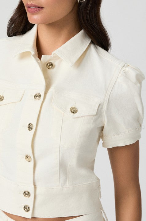 short denim jacket for dresses PAIGE Kendra Cropped - Tonal Ecru or jeans to complete Feancey Summer Dresses for BF EARLY DEAL BOGO PARTY Size:9.5