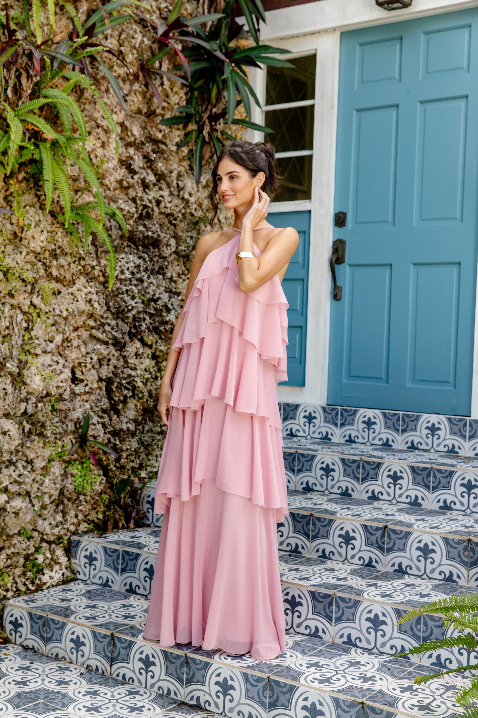 pink tiered maxi dress Ophelia Ruffle fitgroup:4567 This garment fits true Y2K Chocolate Jersey Knit Color:CANDY PINK