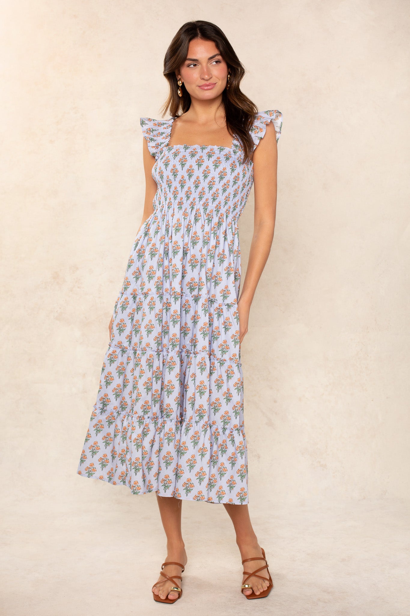 Calypso Smocked Midi Dress Blue Multi / XS Calypso Smocked Midi Dress Blue Multi / XS