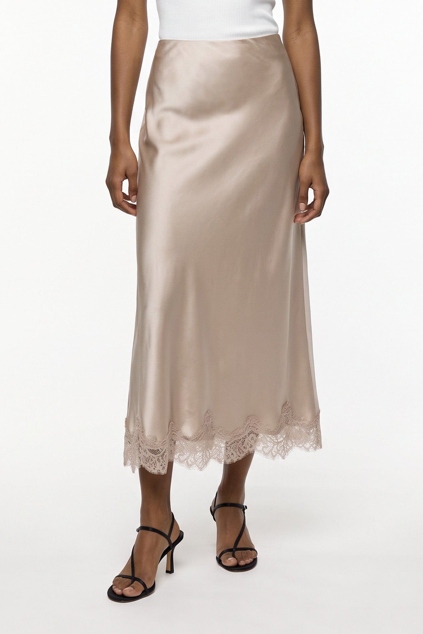 Remi Satin Lace Midi Skirt In Champagne