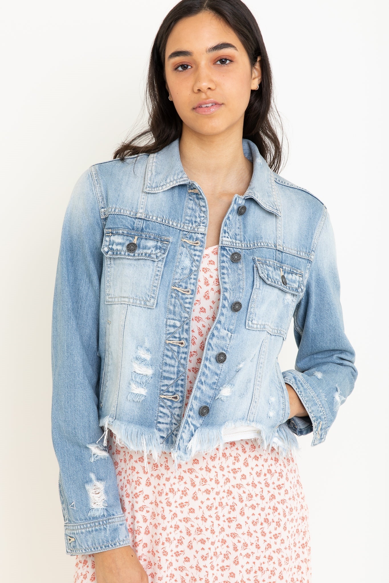 Frayed Hem Denim Jacket Denim Light Denim / M