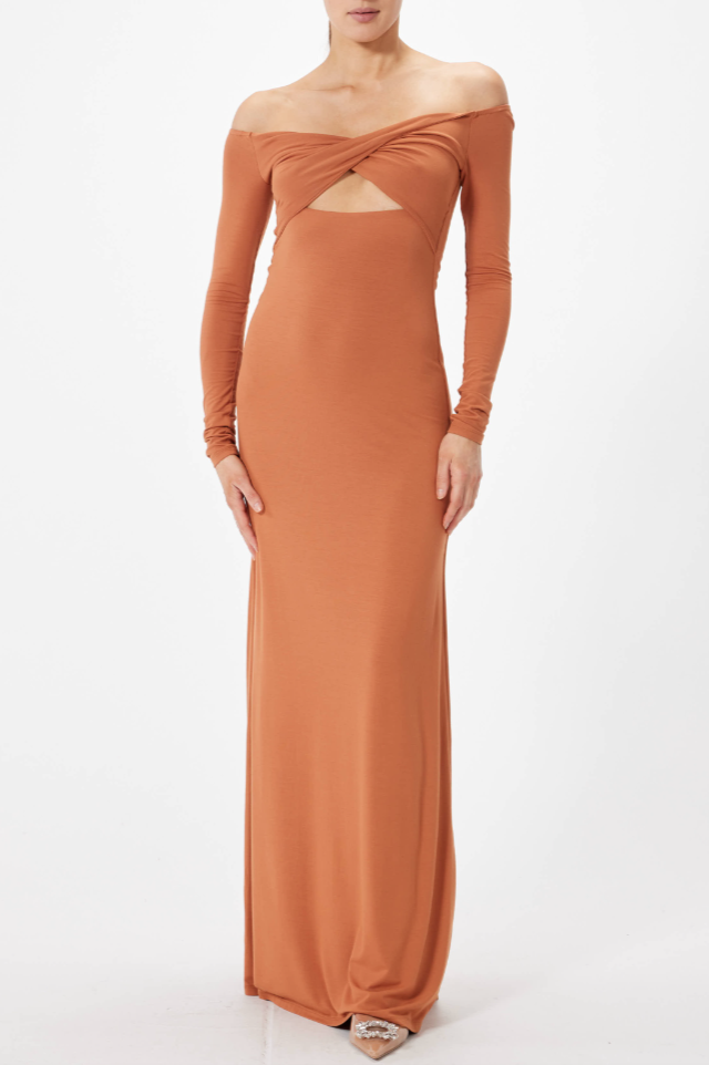 burnt orange off the shoulder dress Azazie Lianne