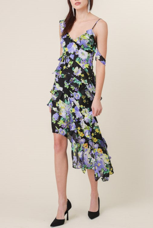 Bloom Asymmetrical Dress Black Purple Multi