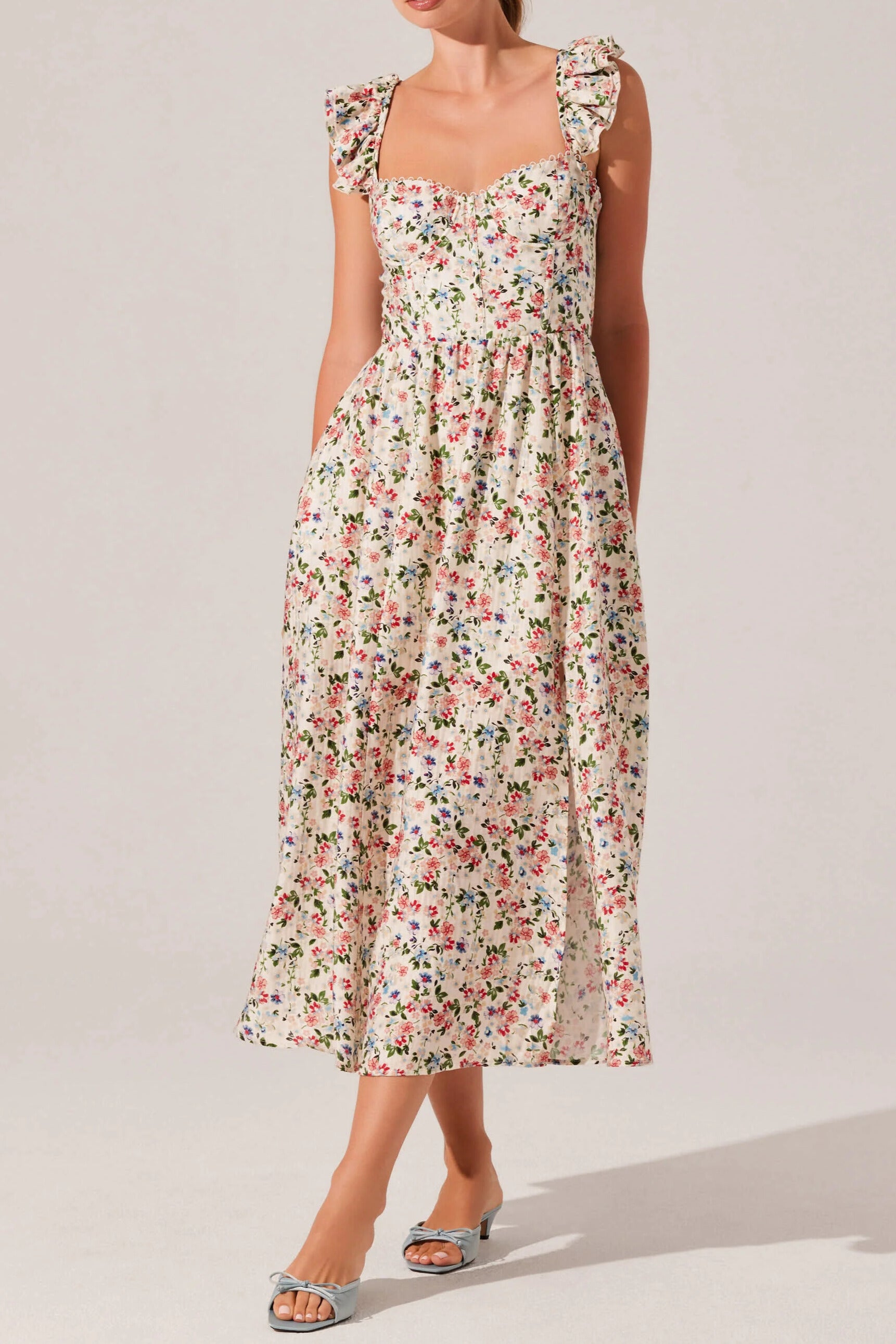 wedelia bustier midi dress ASTR the Label | Print in Cream Multi Floral By catering to the Black-Tie Event Color:WHT-EMERALD Florence Pugh in Rodarte