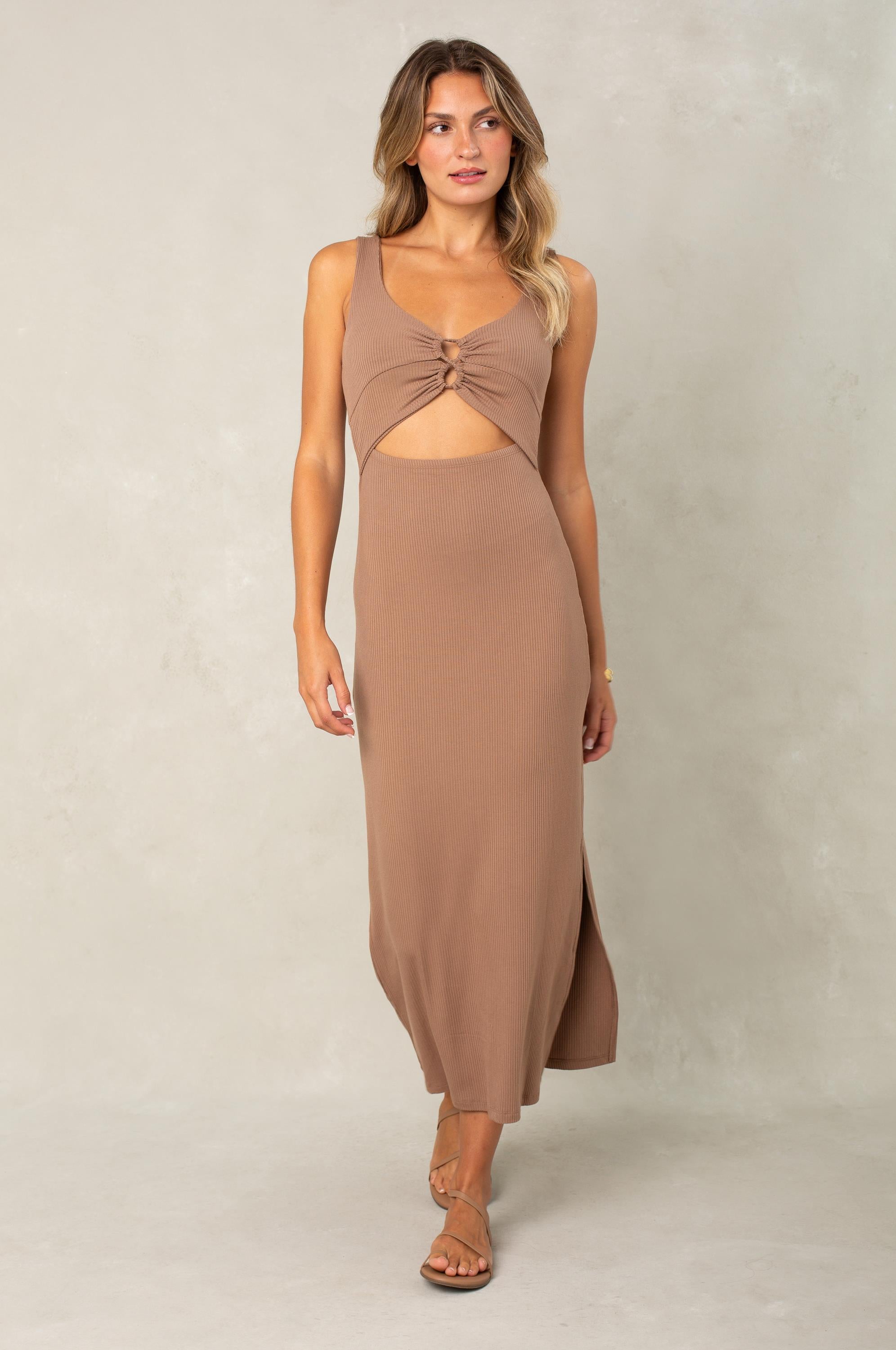 Leila Rib Knit Cutout Maxi Dress Brown – South Moon Under