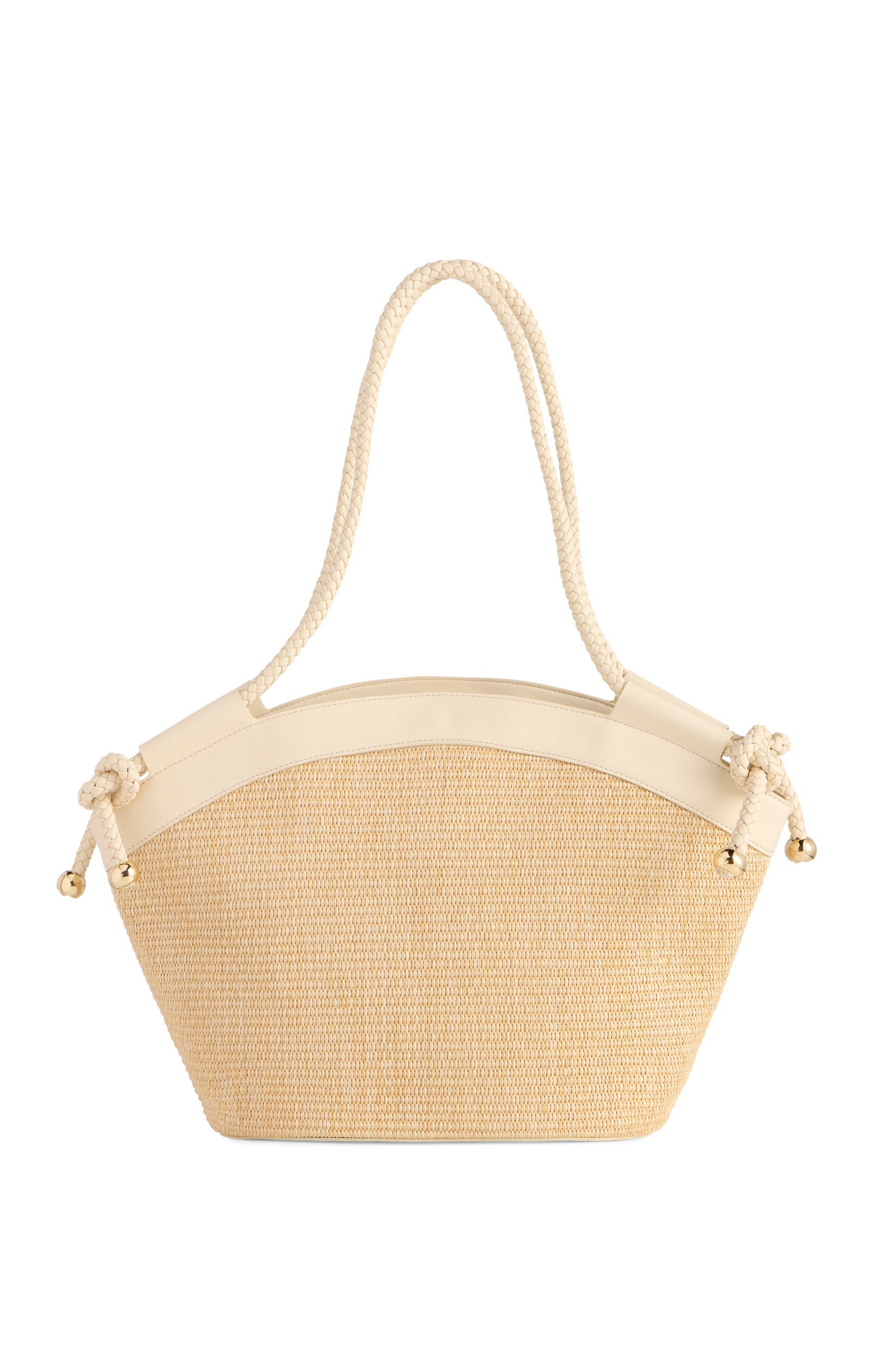 The Gina Tote by South Moon Under features beige woven material with cream faux leather trim, two rope handles, gold-tone accents, a curved top, and a structured trapezoidal shape for spacious storage.
