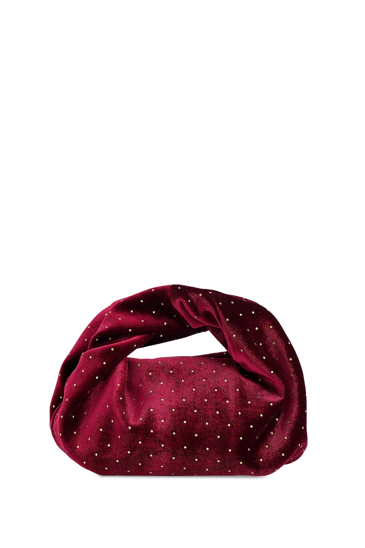Burgundy velvet top handle bag with small gold stud details throughout.
