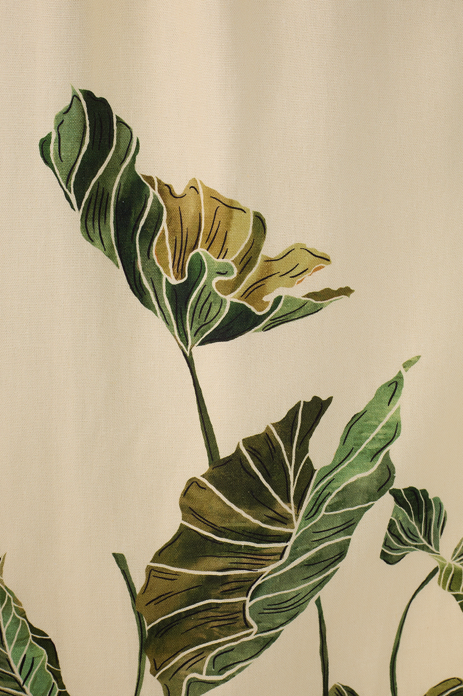 The Dress To Leaf Print Midi Dress features green tropical leaves with yellow accents on a light beige backdrop, capturing effortless style through detailed veins and organic shapes.