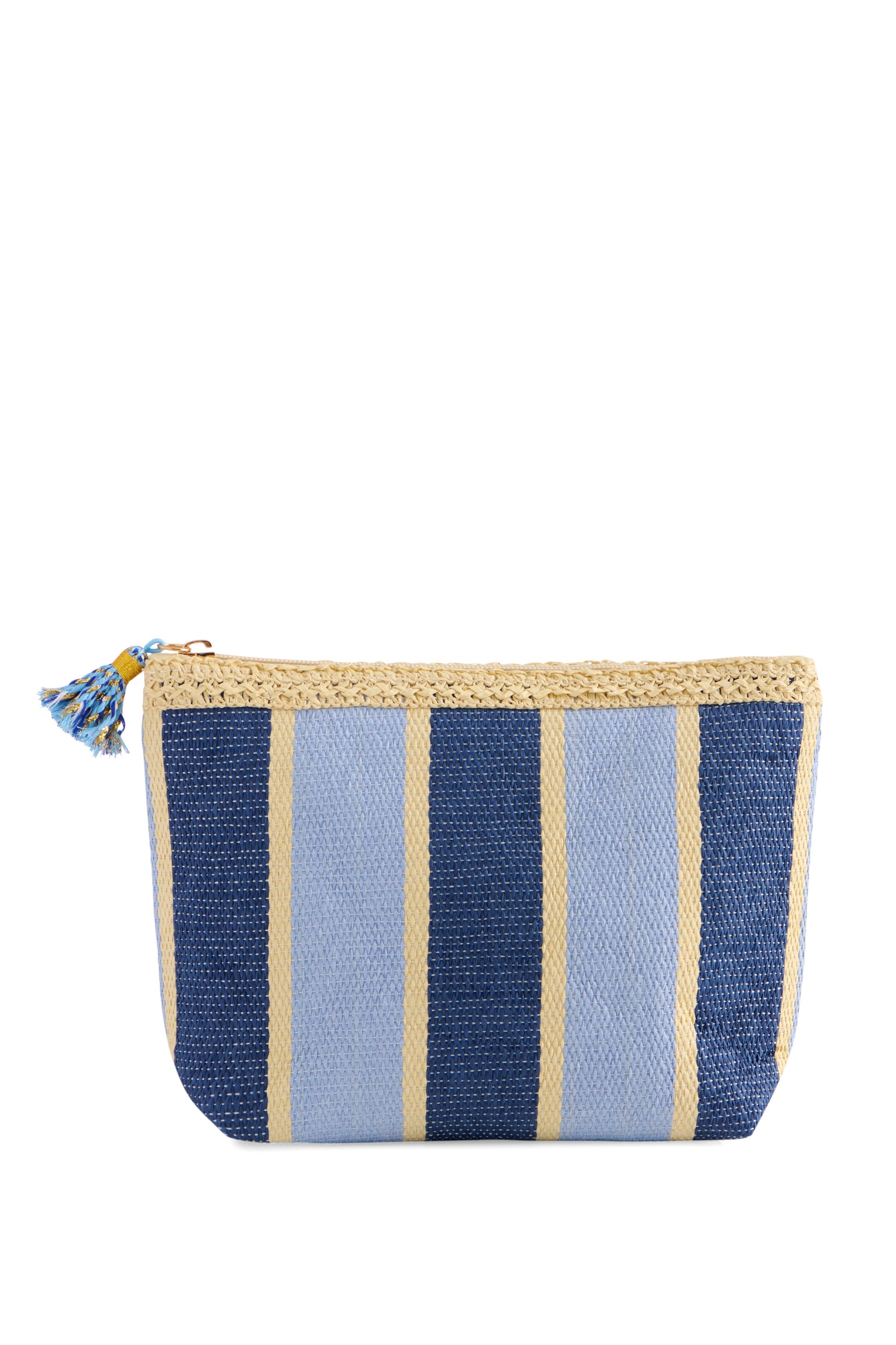 The Capri Zip Pouch by South Moon Under features vertical blue and light yellow stripes, a crochet-like trim, and a tassel zipper—perfect for organizing essentials in your favorite beach tote.