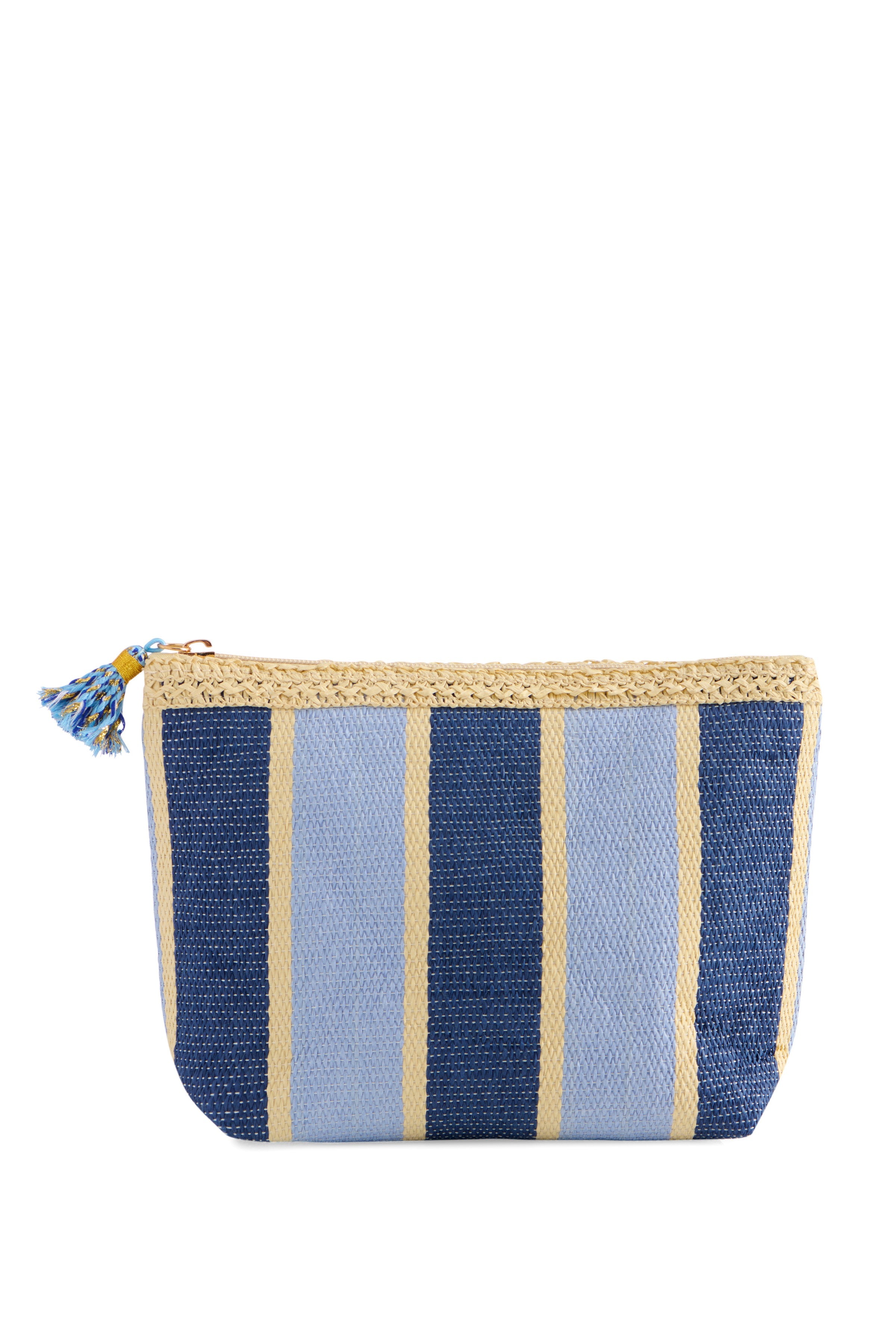 The Capri Zip Pouch by South Moon Under features vertical blue and light yellow stripes, a crochet-like trim, and a tassel zipper—perfect for organizing essentials in your favorite beach tote.