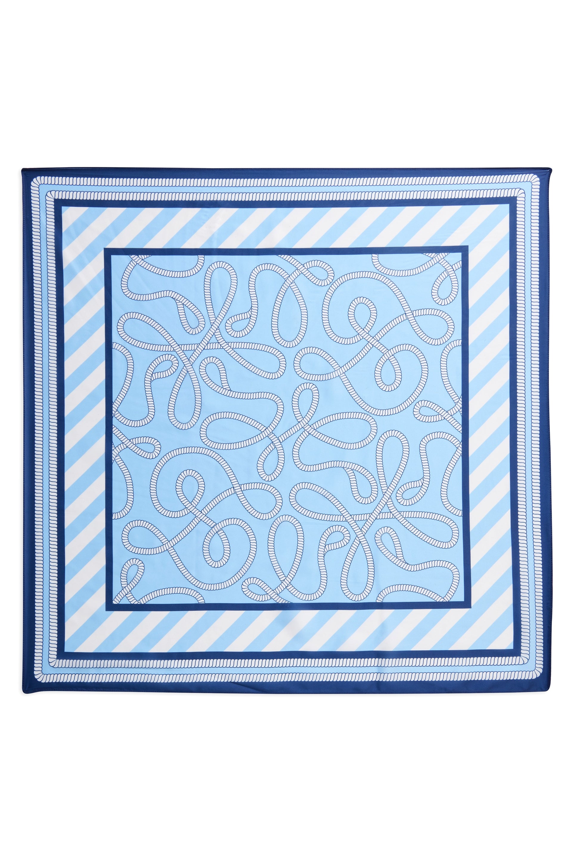 The Coastal Scarf by South Moon Under features a light blue background with white rope loops, classic blue and white striped borders, and a solid dark blue edge—an ideal sailor-chic accessory for seaside-inspired style.