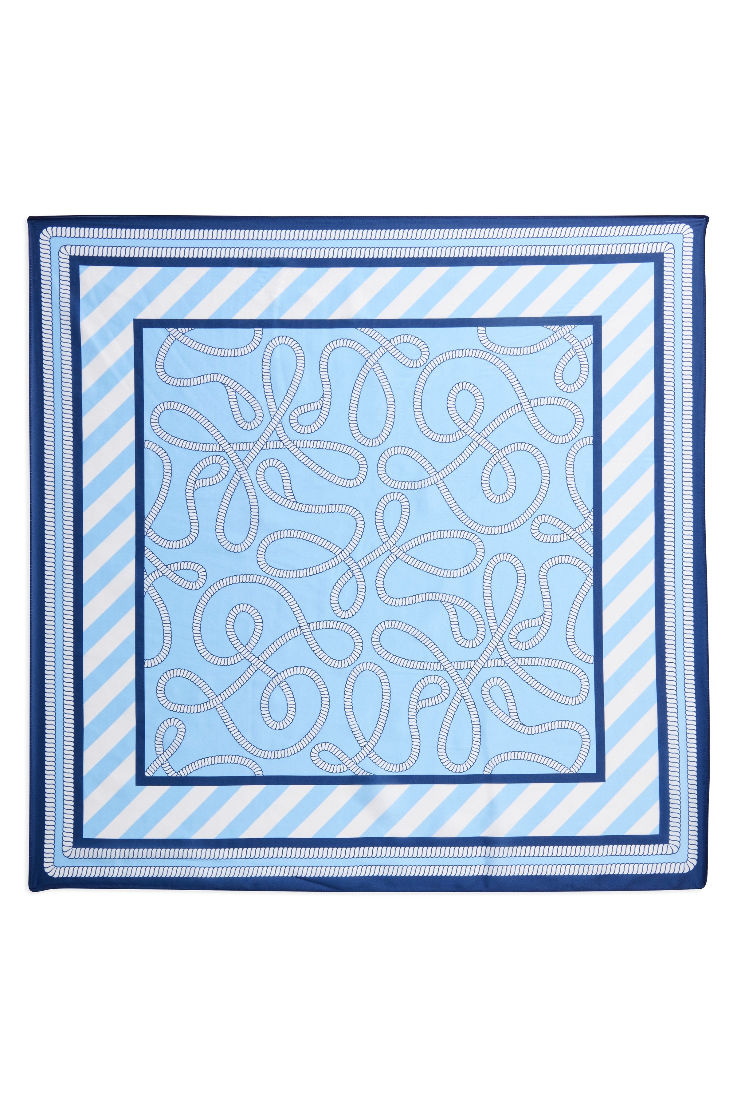 The Coastal Scarf by South Moon Under features a light blue background with white rope loops, classic blue and white striped borders, and a solid dark blue edge—an ideal sailor-chic accessory for seaside-inspired style.