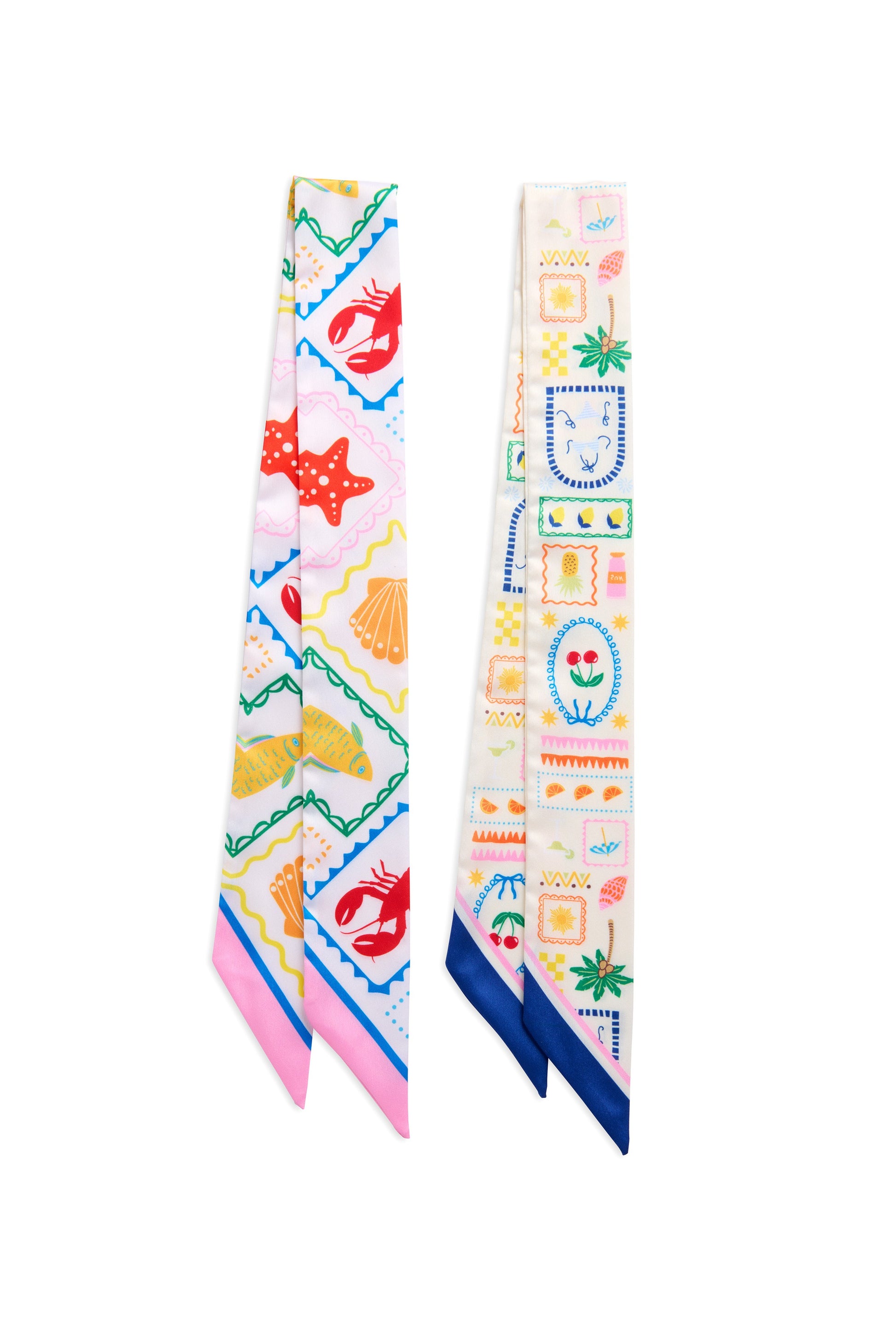 The Assorted Set of 2 Tropical Lobster Twilly Scarves by South Moon Under features playful patterns, including beachy lobster motifs and embroidered-style flowers on a crisp white base.