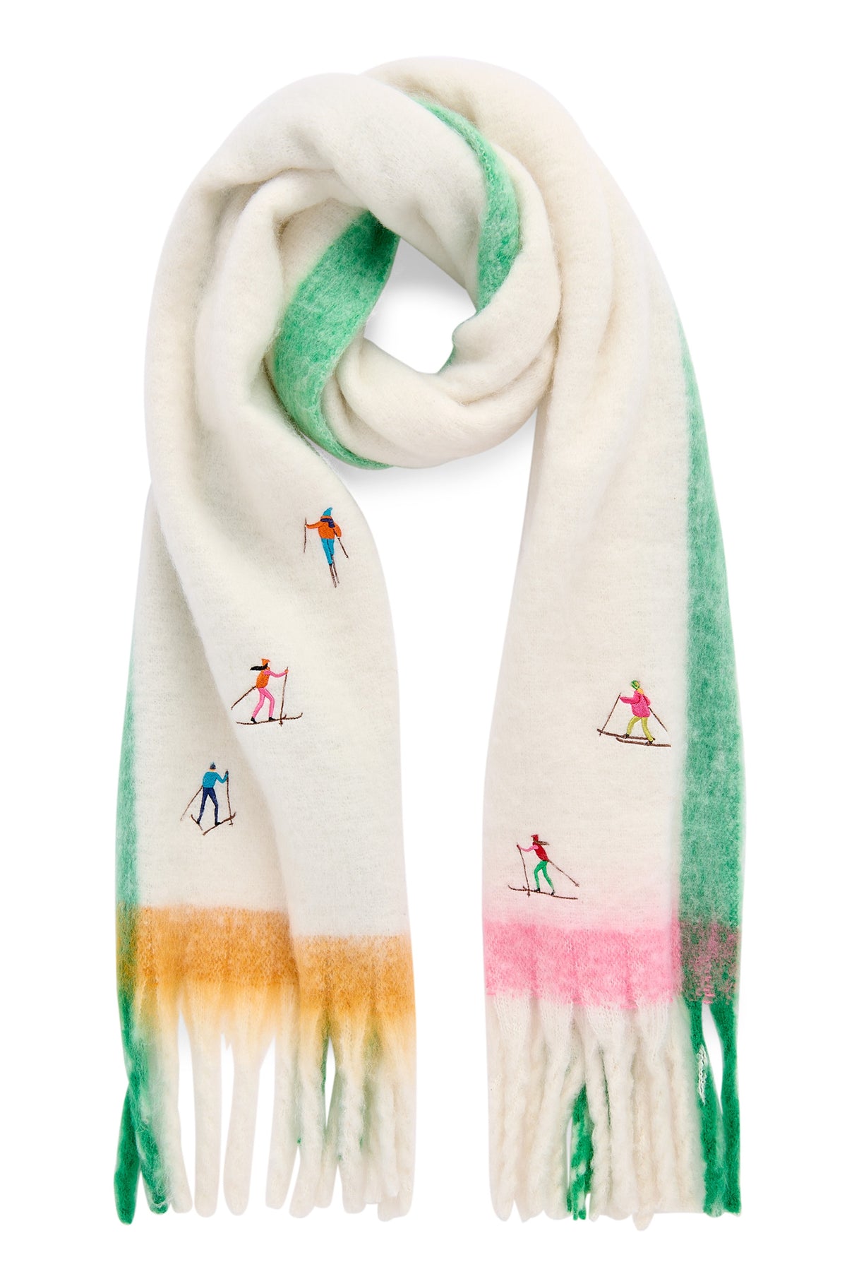 Cream and green scarf with embroidered skiers in colorful outfits and color-block stripes at the ends.