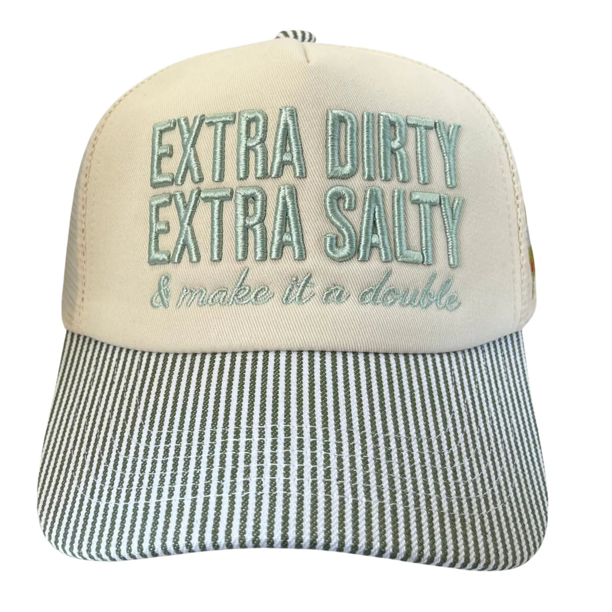 The Worn West Extra Dirty Extra Salty Trucker Hat in Ivory Multi features light blue embroidered text on the front and a classic snapback closure.