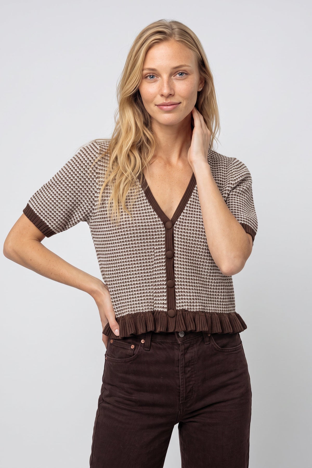 Elaine Puff Sleeve Cardigan In Cashew/Heather