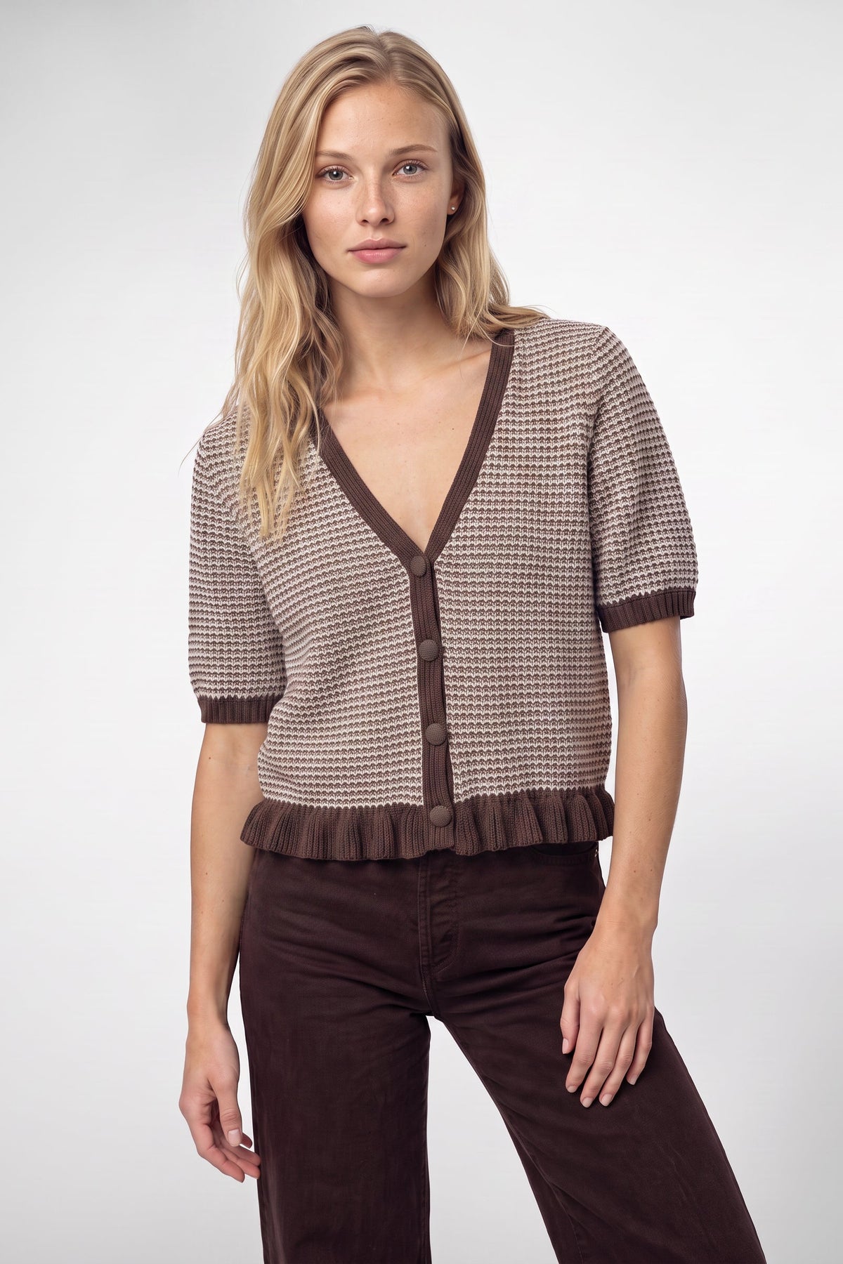 Elaine Puff Sleeve Cardigan In Cashew/Heather