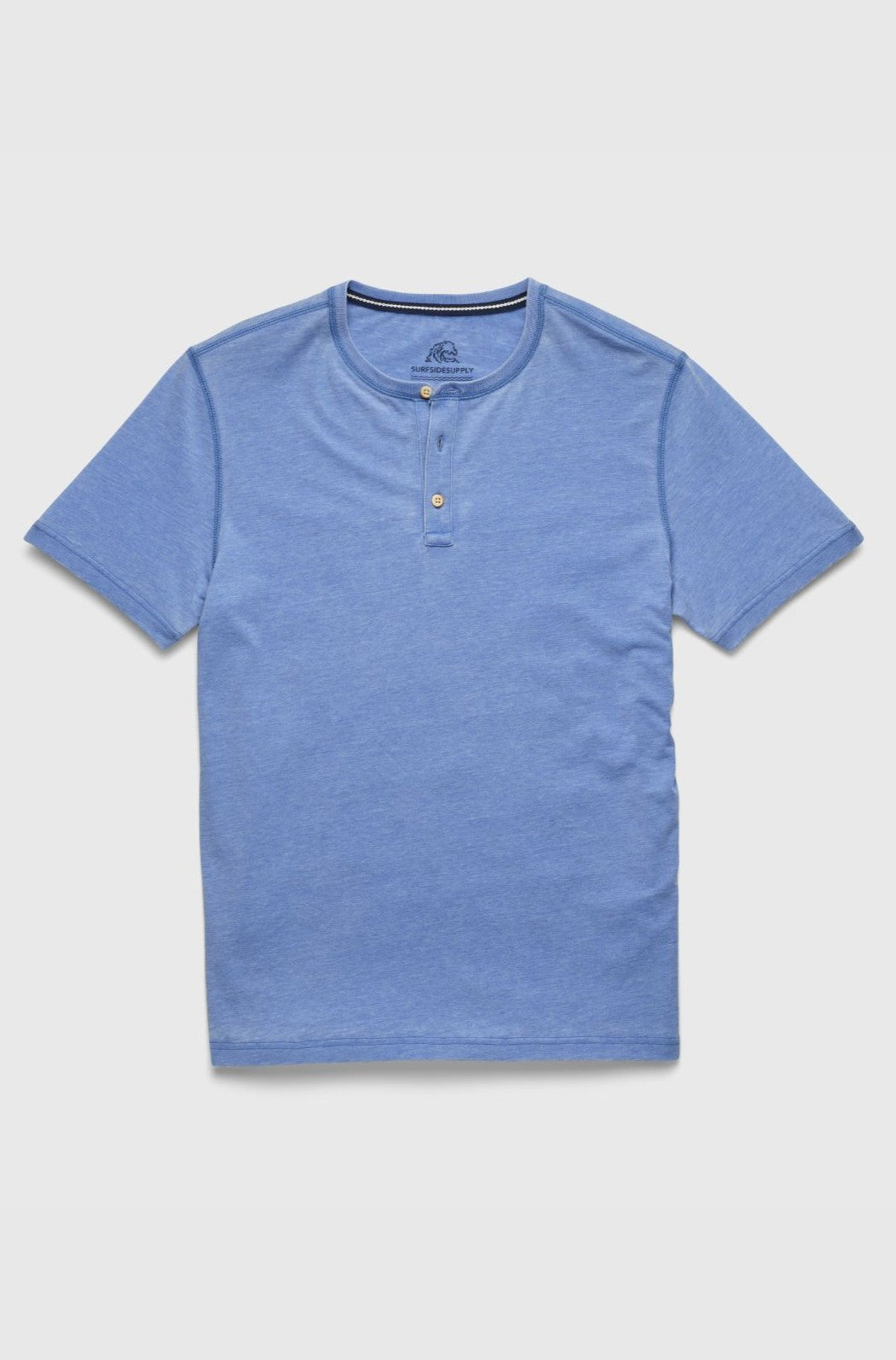 The Surfside Supply Co. Sean Short Sleeve Burnout Henley is a light blue knit shirt with a round neckline and two-button placket, shown laid flat on a white background.