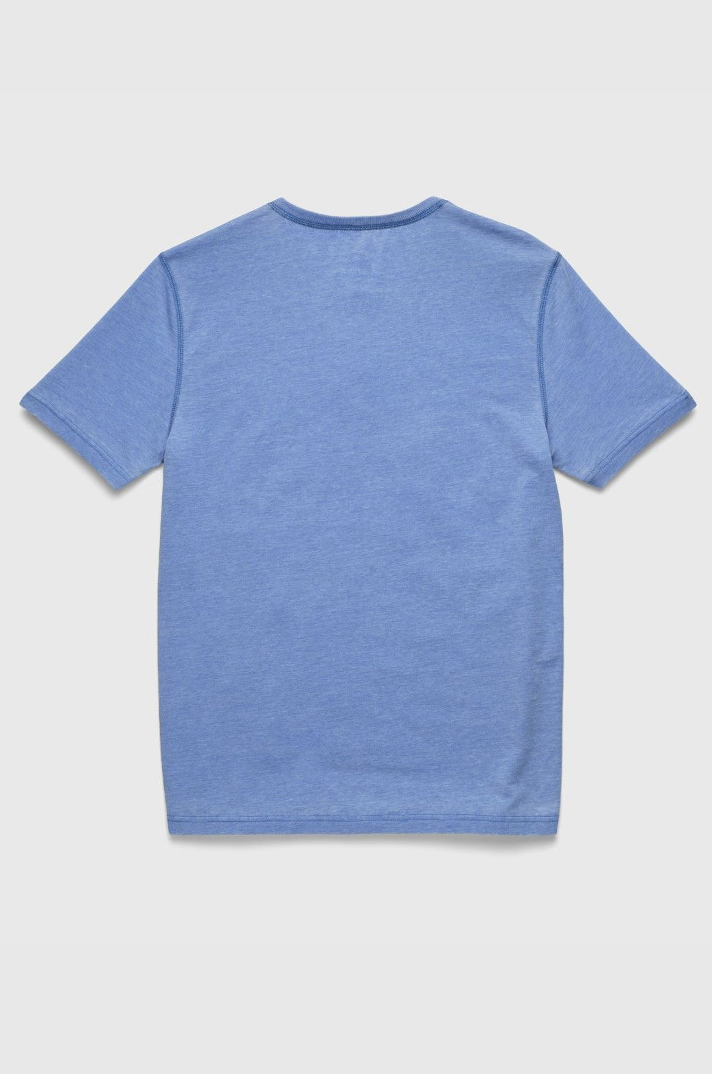 The Sean Short Sleeve Burnout Henley by Surfside Supply Co. is a plain, light blue knit henley t-shirt with short sleeves, shown from the back against a white background.
