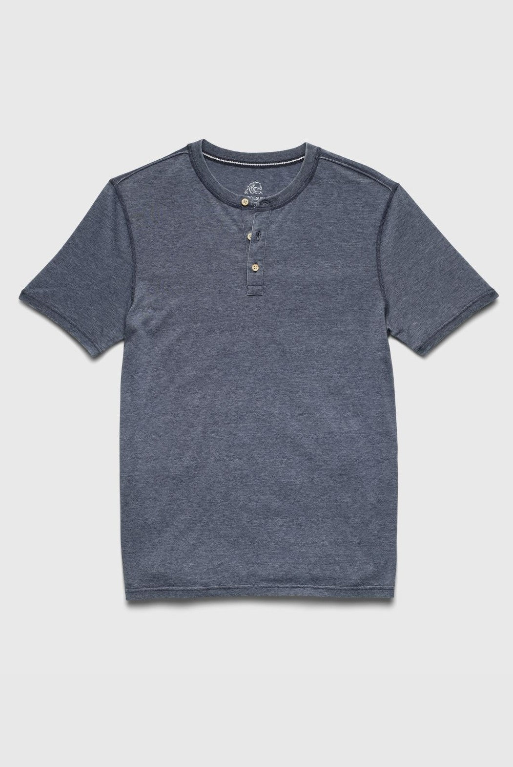 The Surfside Supply Co. Sean Short Sleeve Burnout Henley, in blue-gray soft knit with a round neck and three-button placket, is shown laid flat on a light gray background.