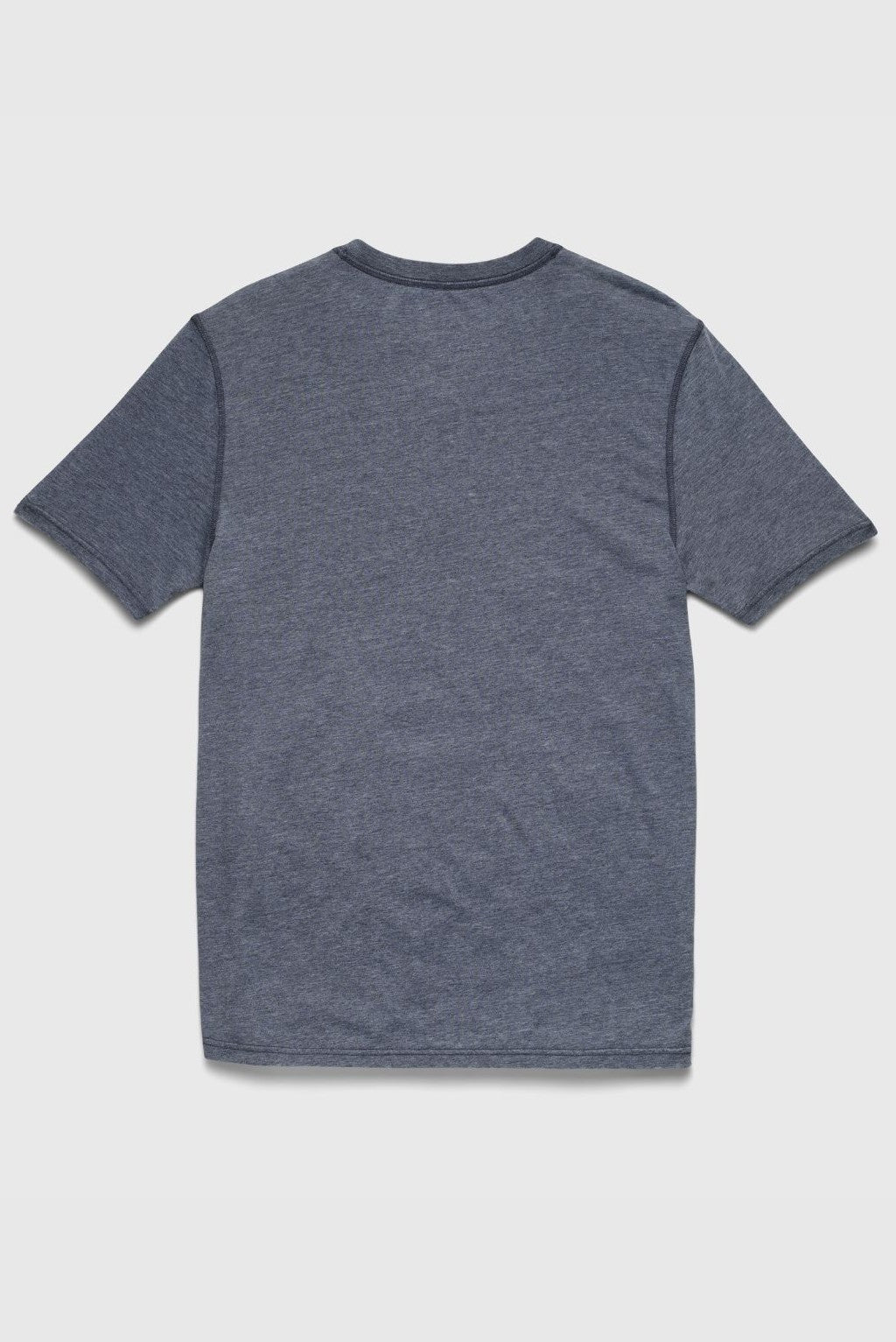 The Sean Short Sleeve Burnout Henley by Surfside Supply Co. is displayed laid flat, back side facing up, on a light gray background. The shirt features short sleeves and a heathered blue-gray color in recycled polyester fabric.