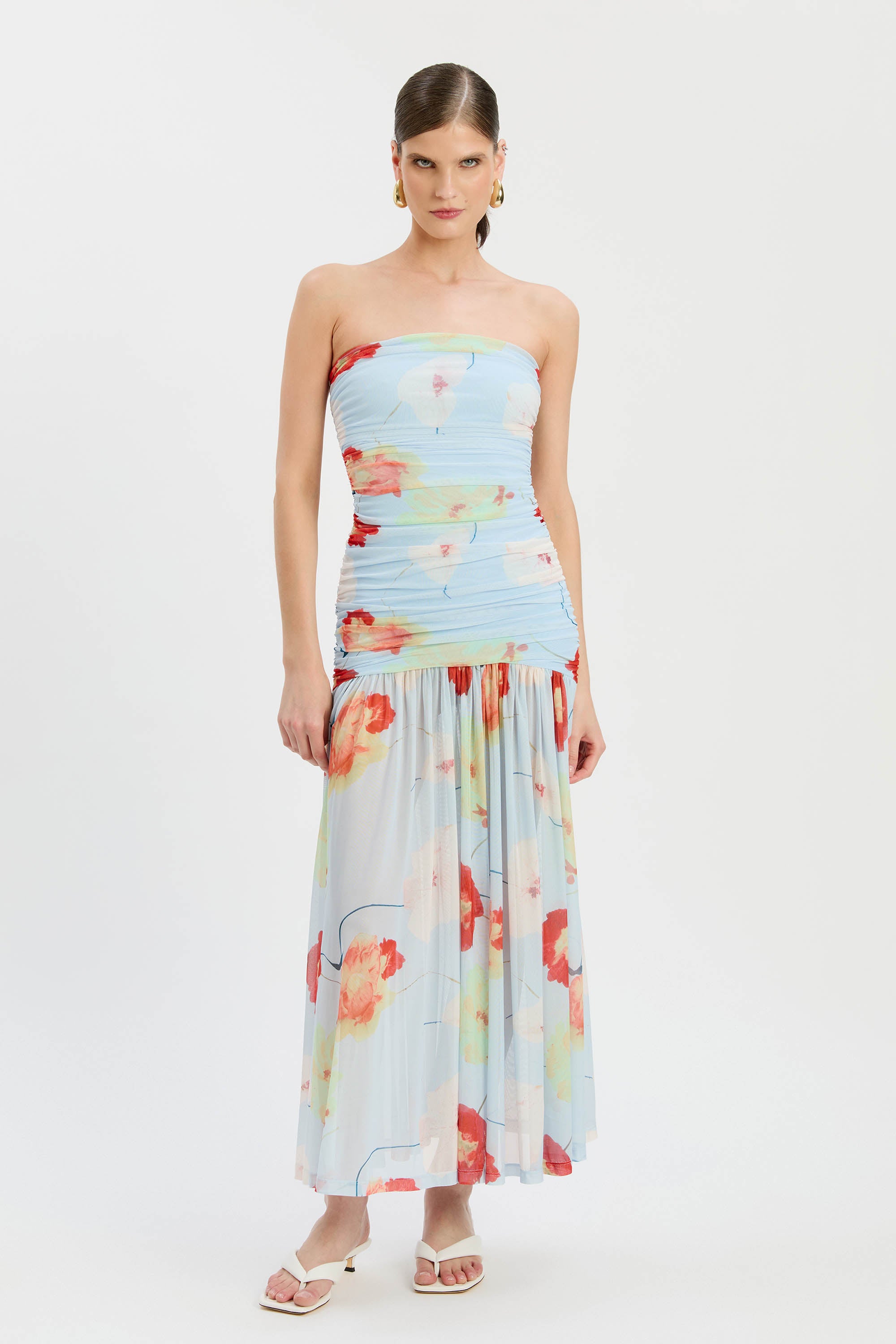 Bardot Solana Printed Mesh Maxi Dress in Baby Blue