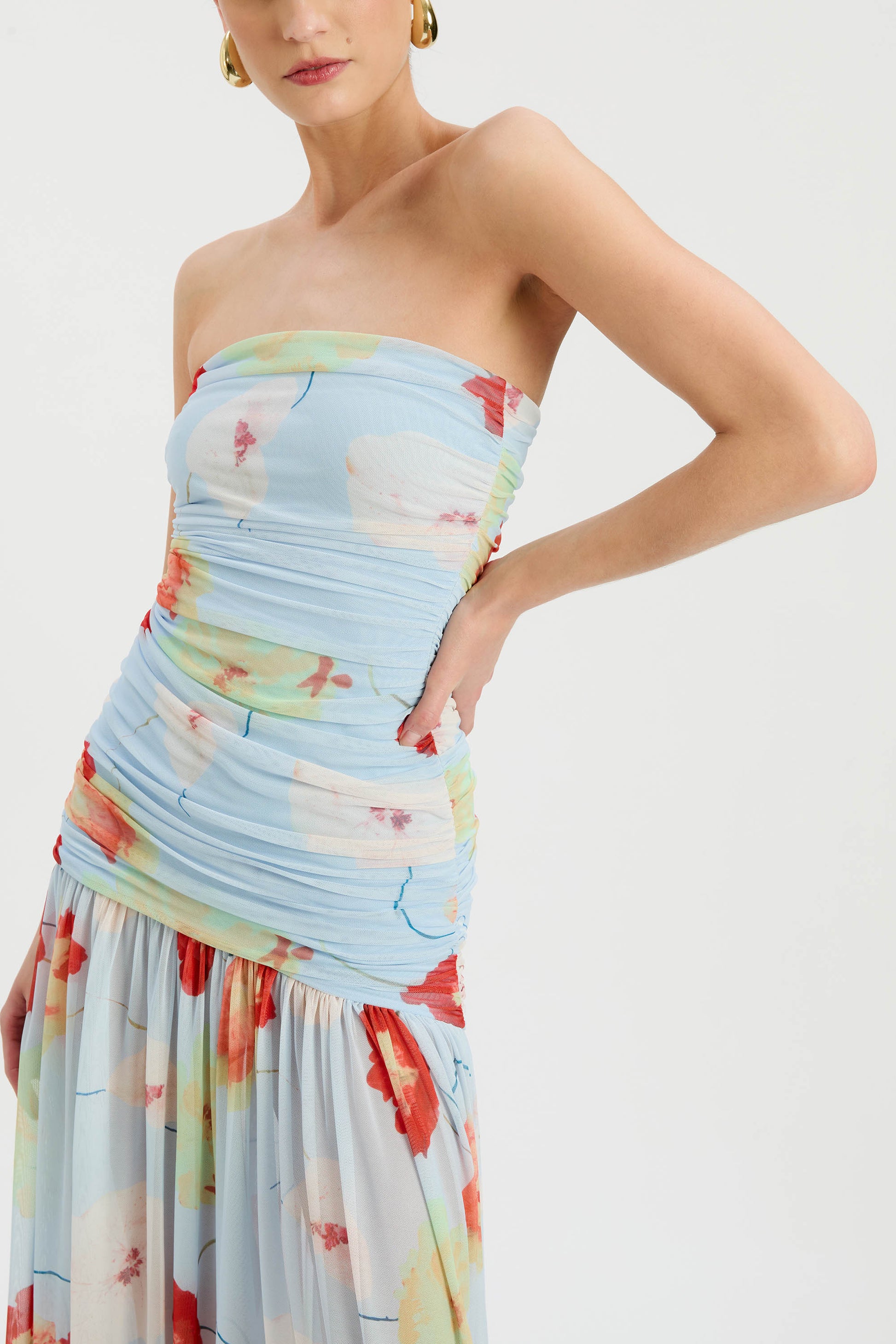 Bardot Solana Printed Mesh Maxi Dress in Baby Blue