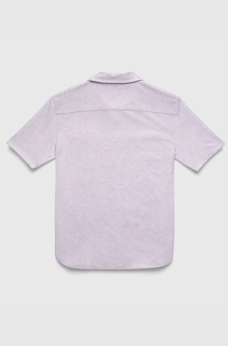 The Tony Short Sleeve Burnout Knit Shirt by Surfside Supply Co. is a light lavender collared shirt with short sleeves, shown from the back against a plain white background.