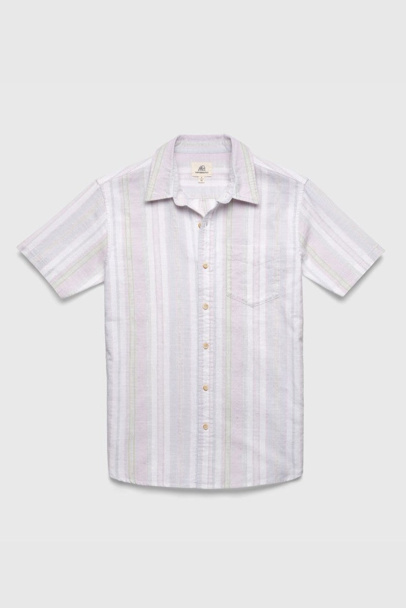 The Joey 2 Tone Stripe Slub Shortsleeve by Surfside Supply Co. is a light grey, short-sleeve button-up shirt with a collar, vertical pastel stripes, single chest pocket, and wooden buttons, shown laid flat on a light gray background.