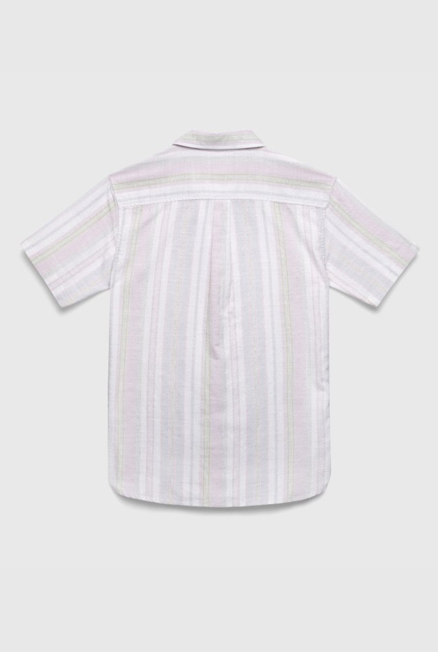 Back view of the Surfside Supply Co. Joey 2 Tone Stripe Slub Shortsleeve, a cotton button-up shirt with pastel vertical stripes—white, light blue, pink, and green—shown on a plain white background.