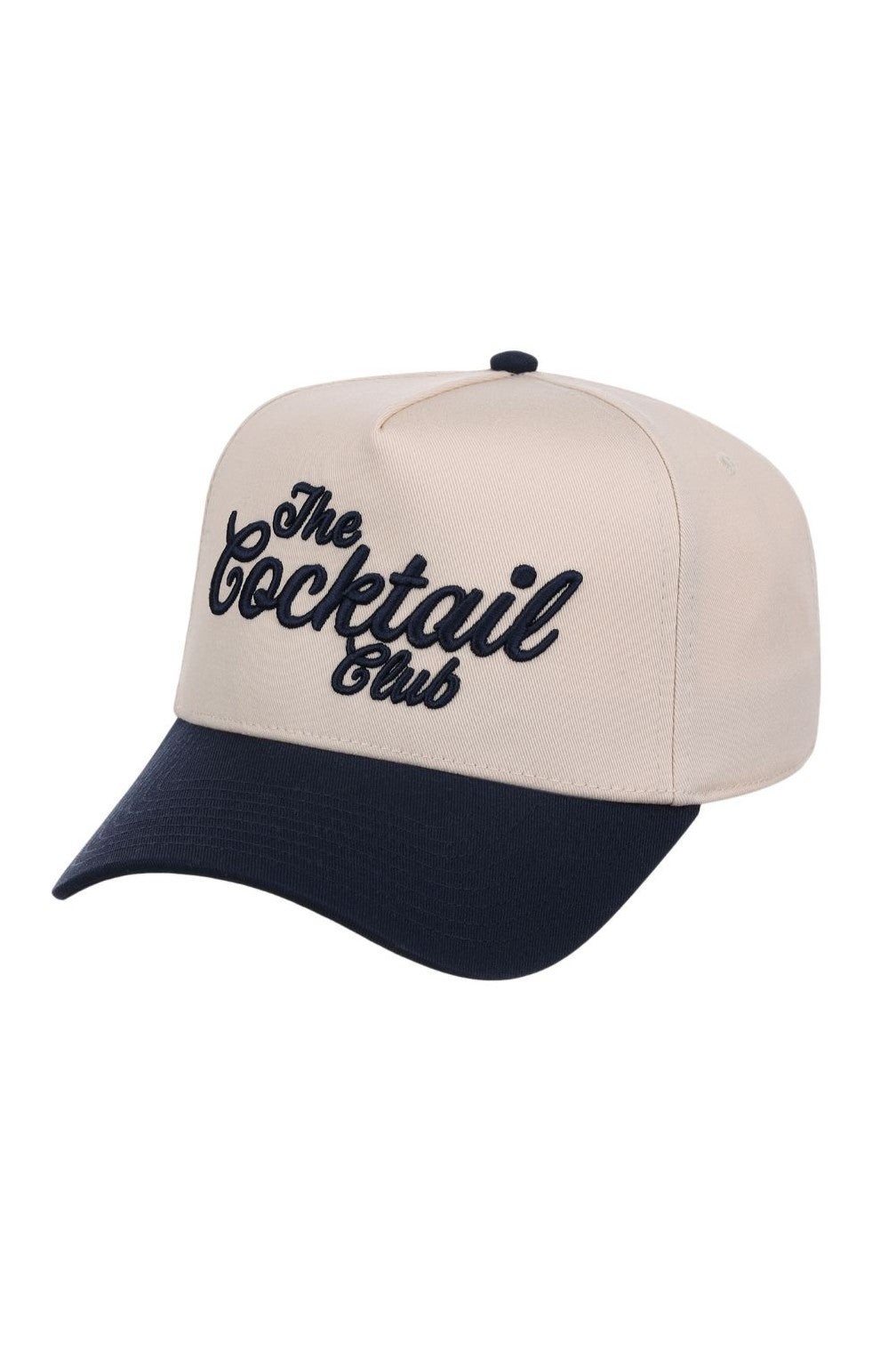 The Smu Cocktail Club 5-panel Hat by South Moon Under is a beige and black baseball cap featuring The Cocktail Club embroidered in black cursive on the front, with a structured fit and a classic flat bill for a modern touch.