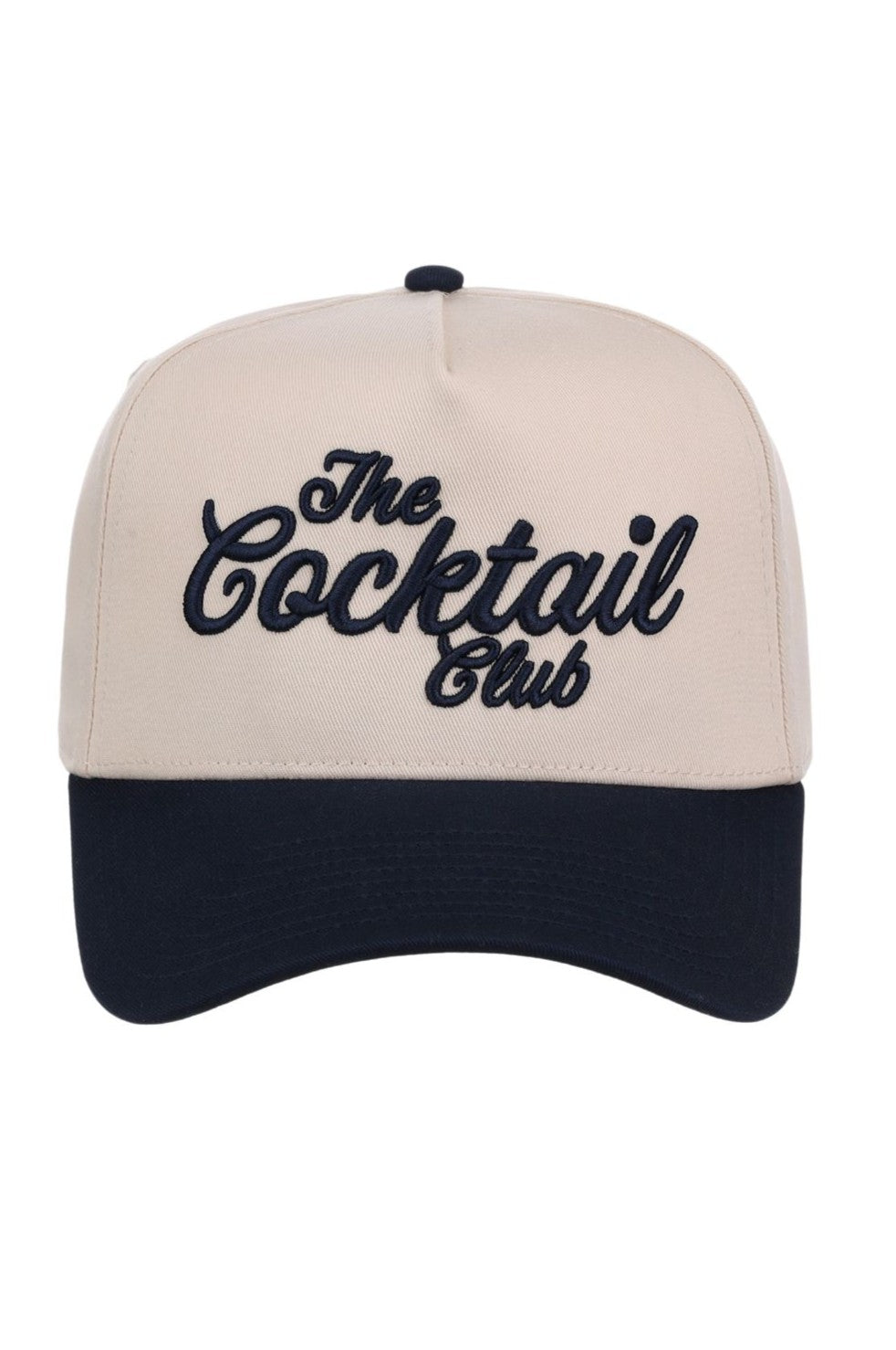 An ivory and navy Smu Cocktail Club 5-panel Hat by South Moon Under, featuring "The Cocktail Club" embroidered in black cursive on the front, with a structured fit and classic snapback closure.