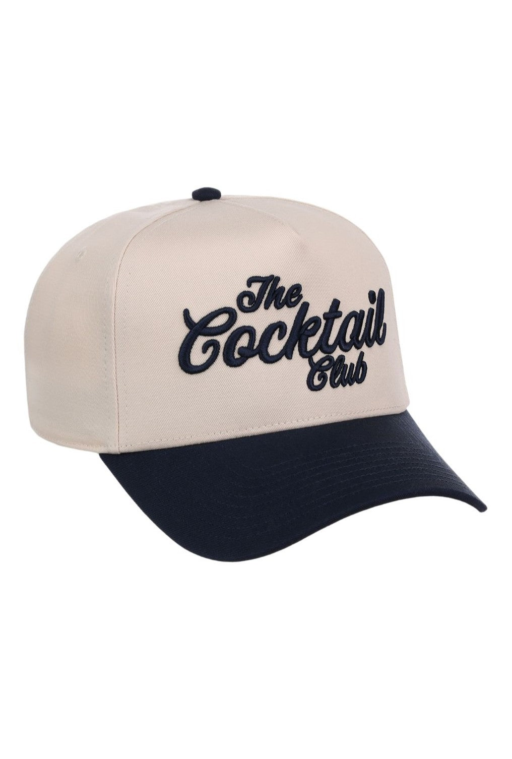 The South Moon Under Smu Cocktail Club 5-panel Hat features a beige and black colorway with The Cocktail Club boldly embroidered on the front, offering a structured fit and flat bill for a contemporary, stylish appearance.