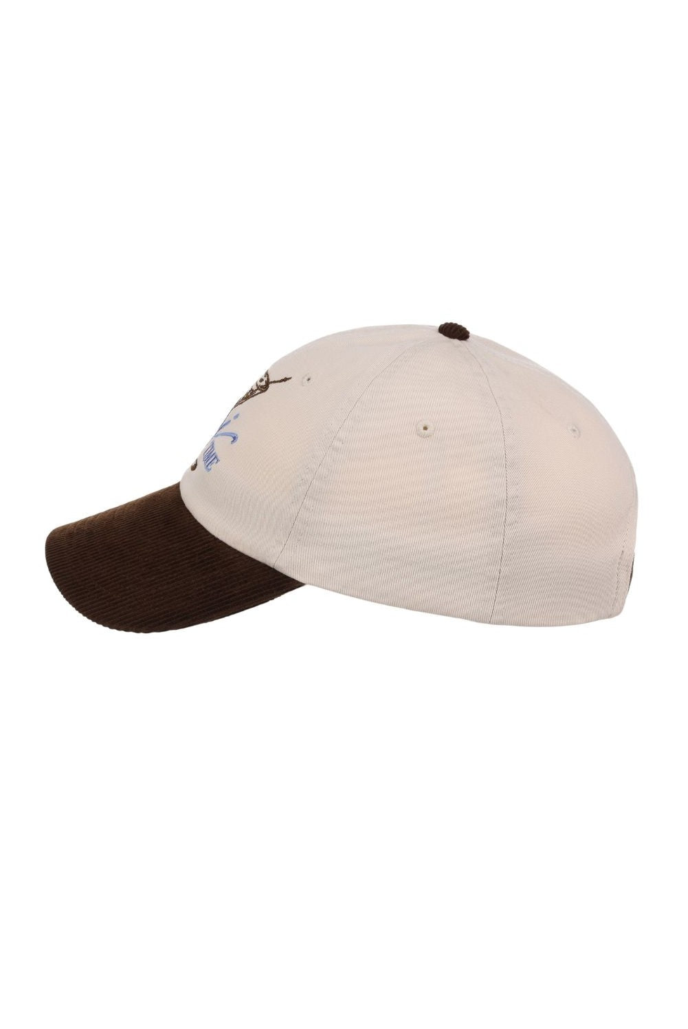 The Smu Tini Time Cap by South Moon Under is a beige baseball cap with a dark brown corduroy brim, featuring a structured fit and displayed from the side against a plain white background.