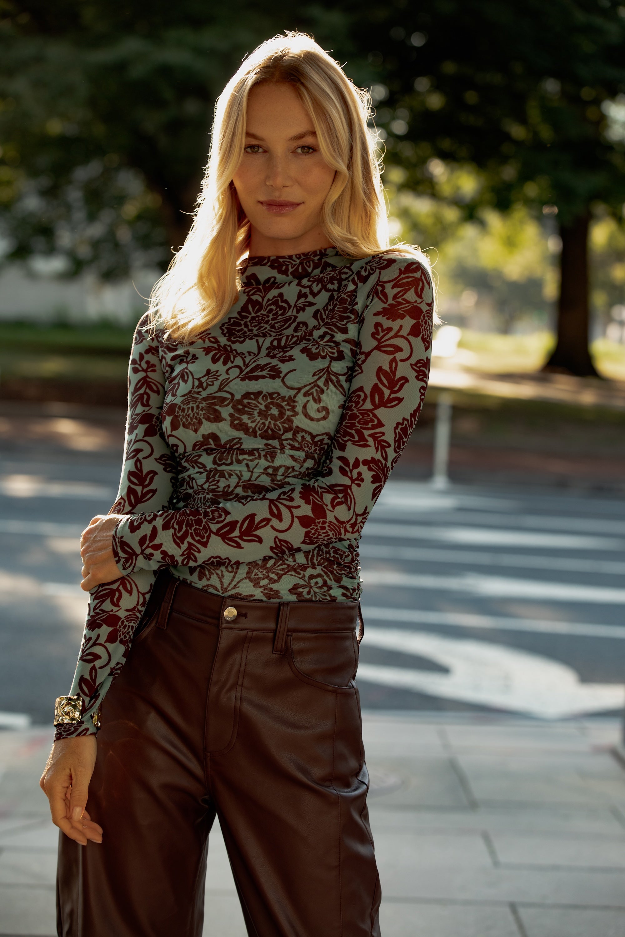Dakota Ruched Printed Mesh Long Sleeve