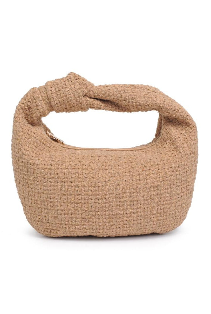 The Urban Expressions Tracy Bag in Natural Tweed features a textured, tan woven surface and a thick, twisted knotted top handle, styled chicly and displayed against a white background.