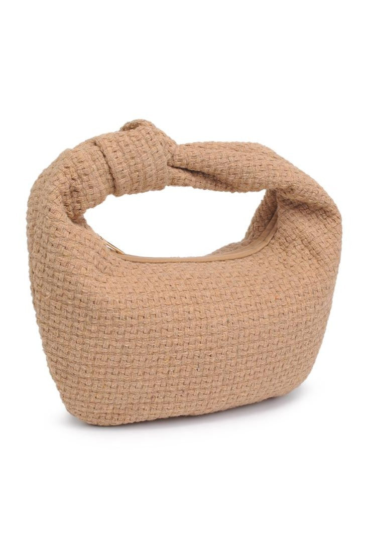 The Tracy Bag in Natural Tweed by Urban Expressions is a tan, textured woven handbag with a knotted top handle and a soft, structured shape that brings elegance to any look.