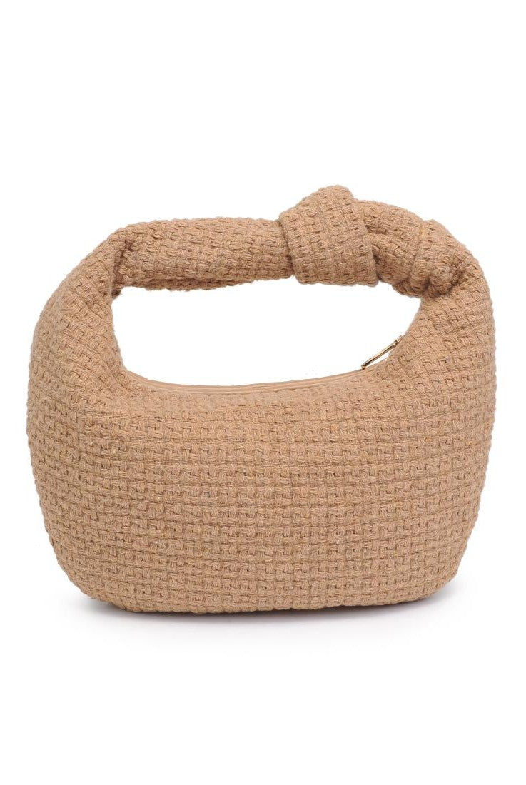 The Tracy Bag in Natural Tweed by Urban Expressions is a light brown, textured crescent shoulder bag with a chunky knotted top handle and top zipper closure.