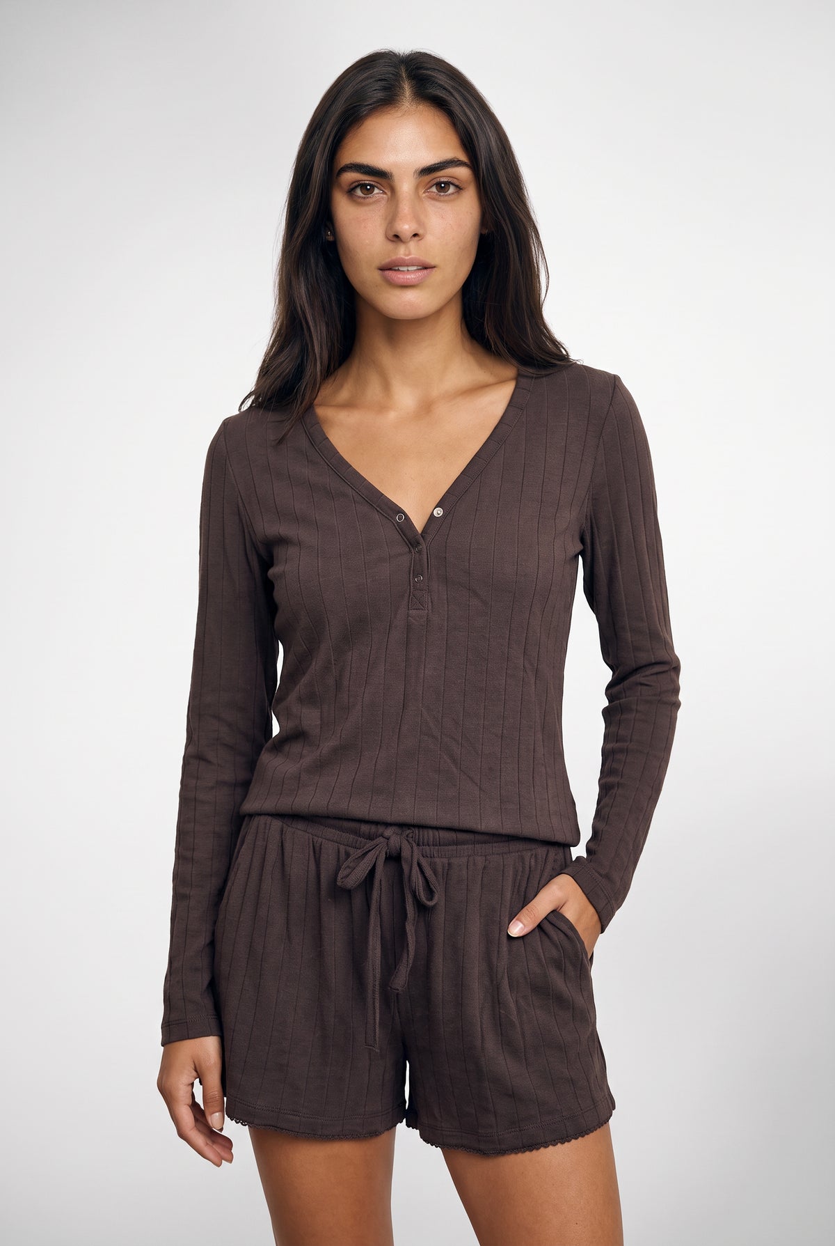 Elena Modal Dreamy Henley In Chocolate