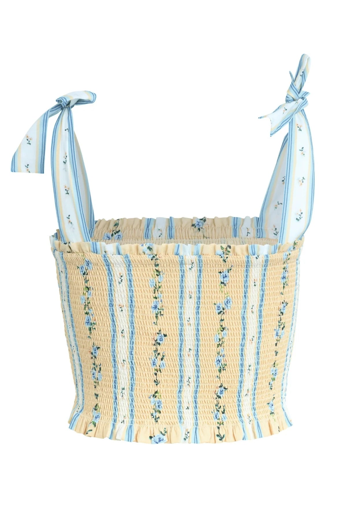 The Tessa Top by Bila 77 features yellow and light blue vertical stripes with a floral print, adjustable tie sleeves, and a comfy smocked bodice for the perfect fit.