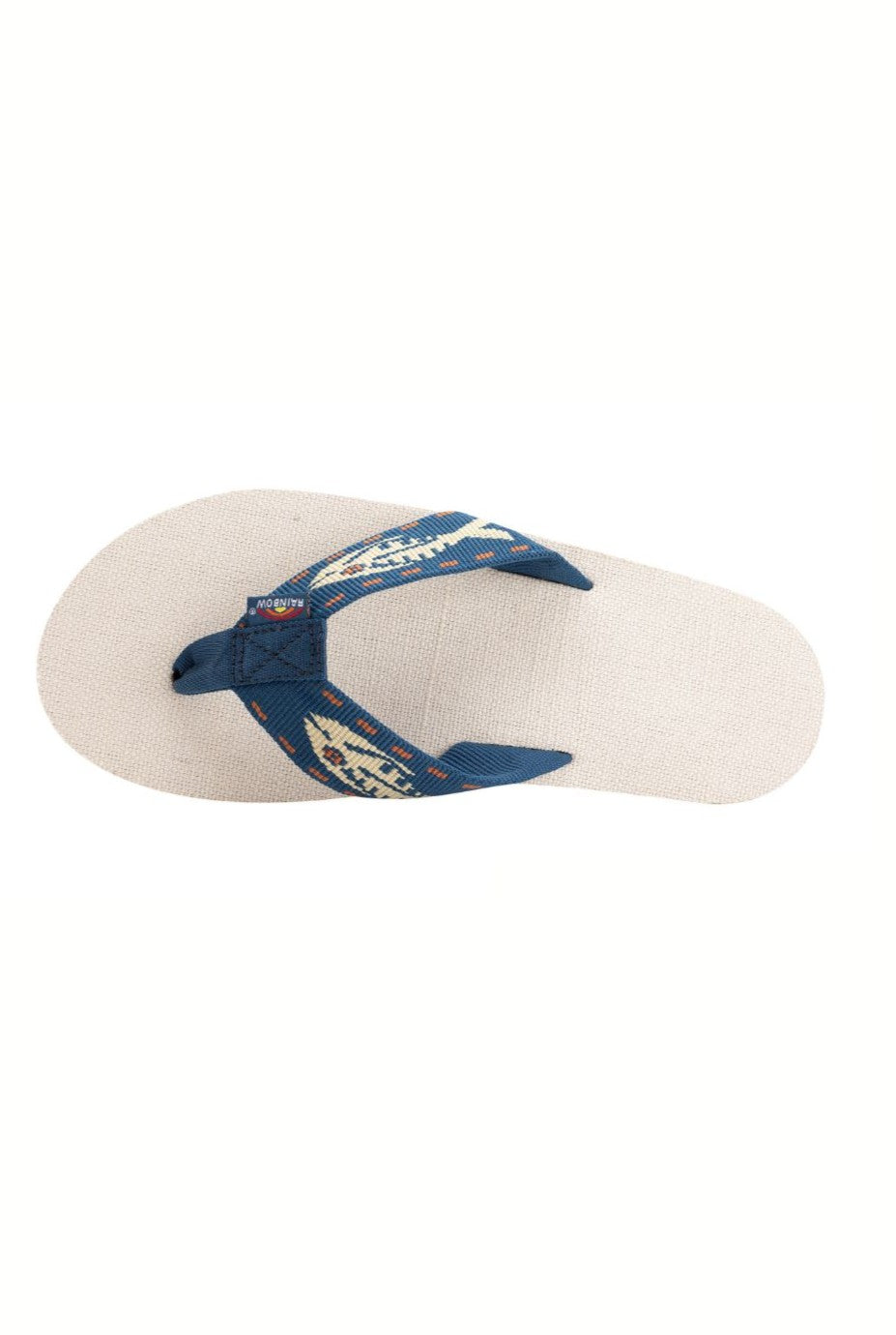 The Single Layer Arch Support Nylon Fish Strap by Rainbow Sandals is a beige flip-flop with a dark blue thong strap featuring cream and red geometric patterns, plus arch support for comfort, shown from above on a white background.