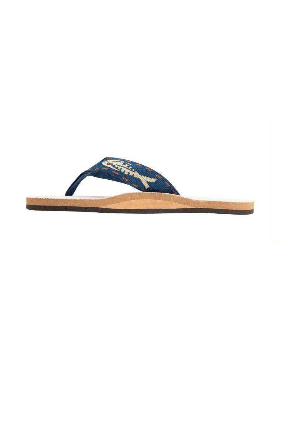 A side view of Rainbow Sandals Single Layer Arch Support Nylon Fish Strap flip-flop with a tan sole, brown stripe along the edge, non-slip sole, and a blue patterned fabric strap.