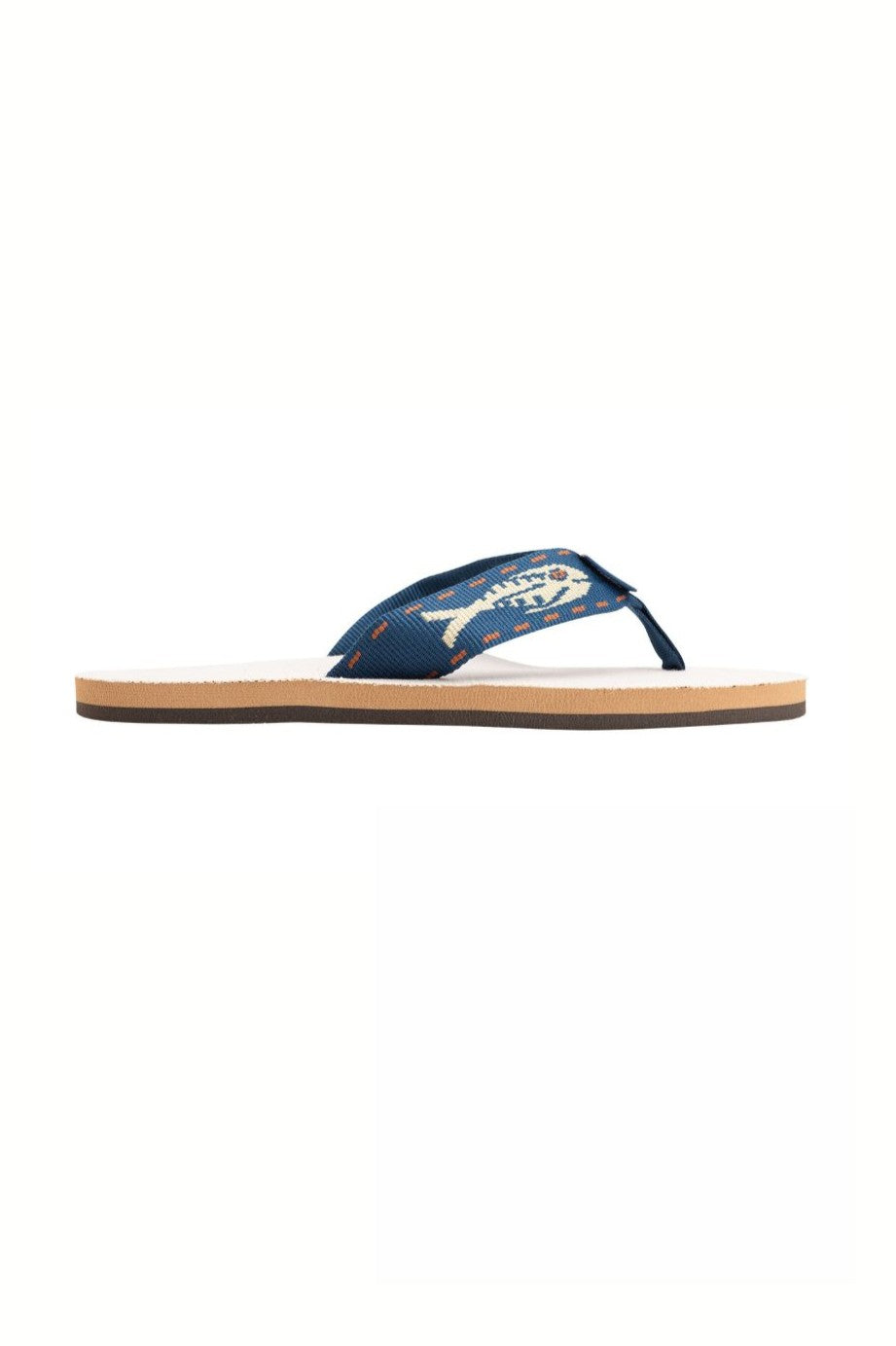 The Rainbow Sandals Single Layer Arch Support Nylon Fish Strap is a blue and tan hemp sandal with patterned fabric straps, a flat lightweight design, and a white non-slip sole, shown against a white background.