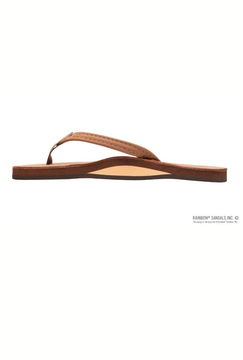 The Rainbow Sandals Premier Leather Redwood Single Layer Arc flip-flop features a tan sole, brown leather strap, single layer arch, and double-stitched premier nubuck leather, shown in side profile on a white background.