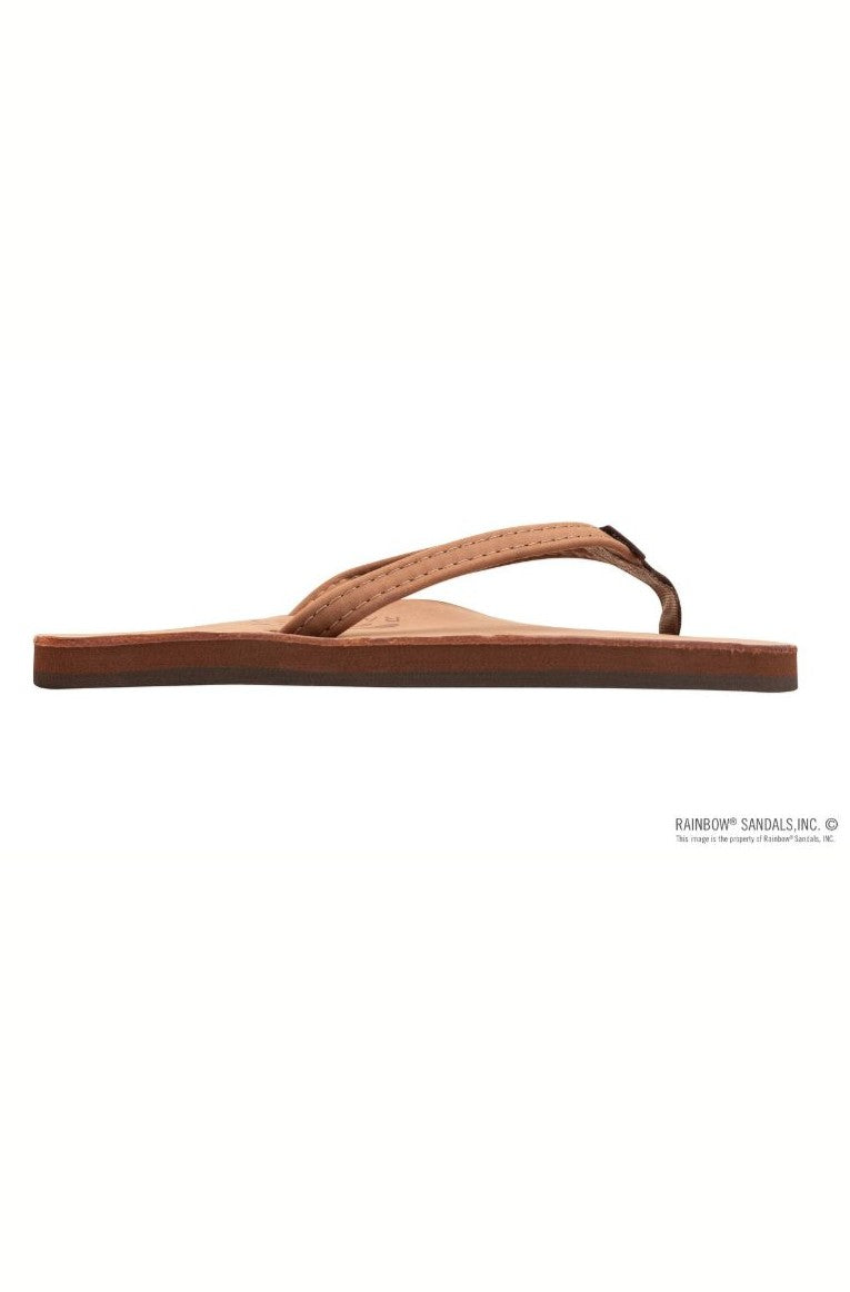 The Premier Leather Redwood Single Layer Arc by Rainbow Sandals is shown in profile on a white background, featuring a simple thong strap, flat sole, and double-stitched arch for comfort and durability.