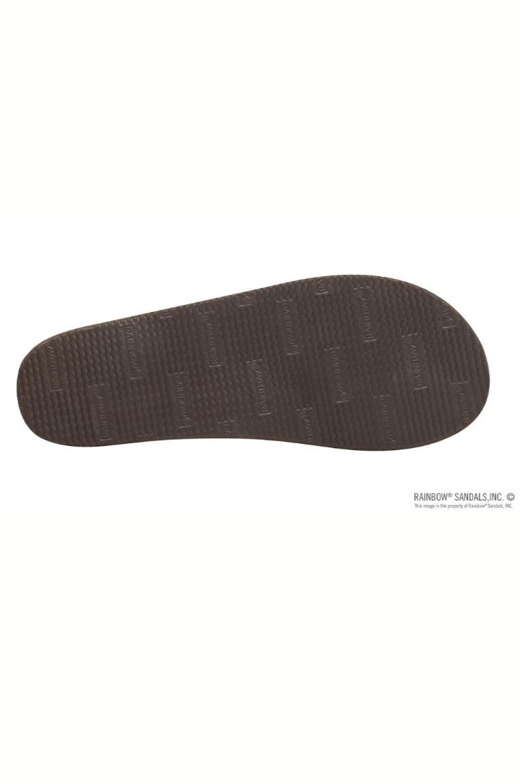 The bottom of the Premier Leather Redwood Single Layer Arc by Rainbow Sandals displays a textured tread with repeated "Rainbow" imprints and features double-stitched detailing for enhanced durability.
