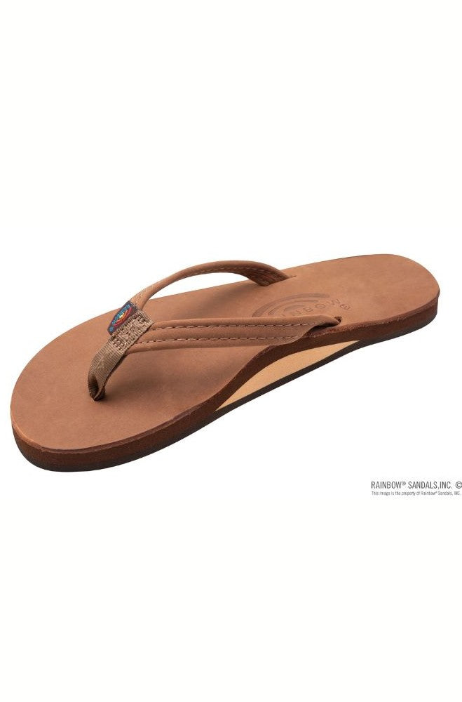 A single Premier Leather Redwood Single Layer Arc flip-flop by Rainbow Sandals, featuring a brown nubuck leather footbed, double-stitched fabric thong strap, and a small logo tag, shown angled on a white background.