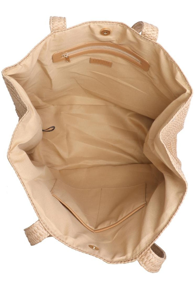 A top-down view of the Urban Expressions Natural Cherry Beach Tote, featuring woven handles, spacious interior with zip and open pockets, snap closure, and subtle cherry embroidery—ideal as a stylish beach bag.
