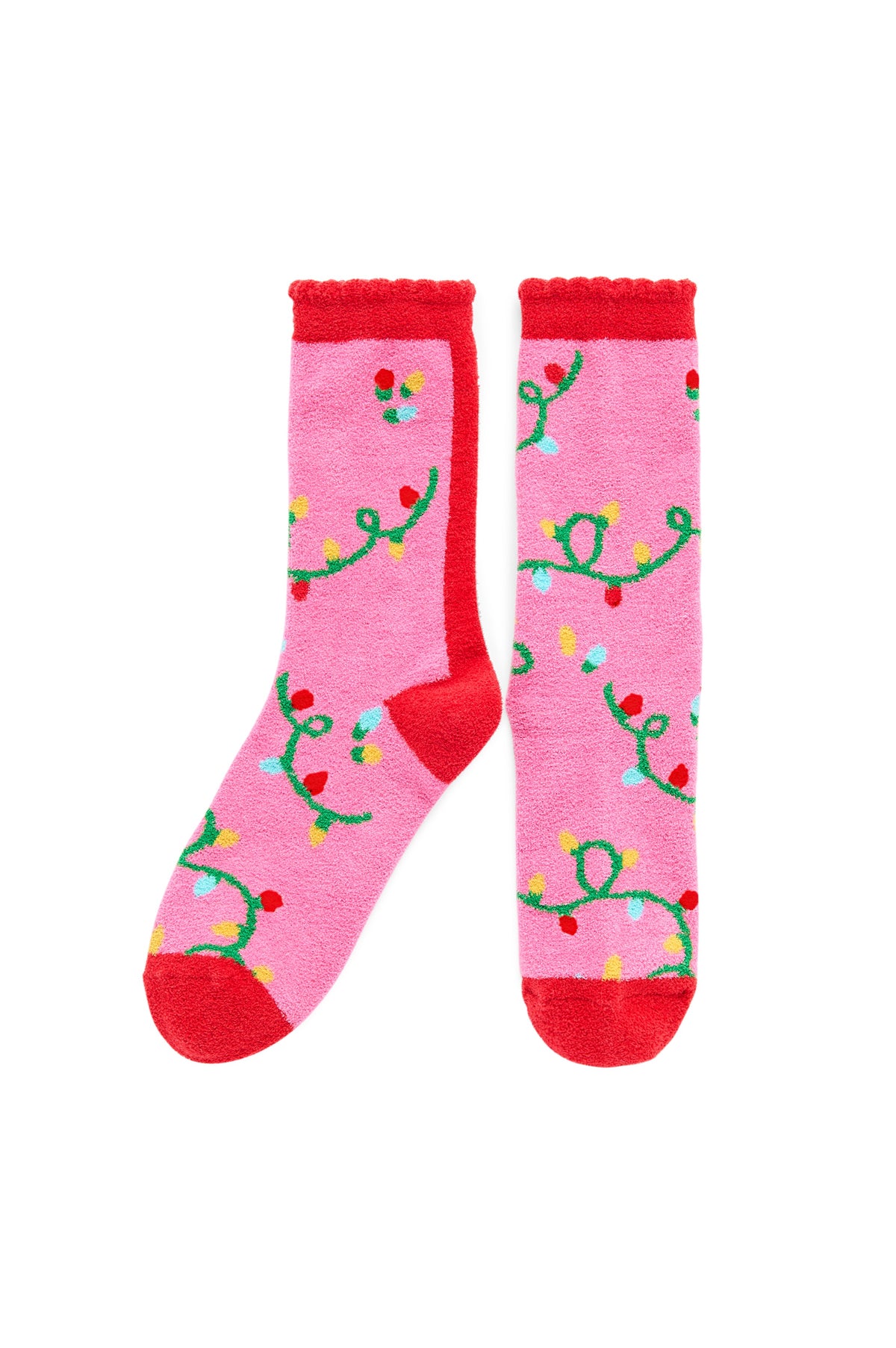 Pink crew socks with red cuff and heel, featuring green vine and colorful bulb pattern throughout.